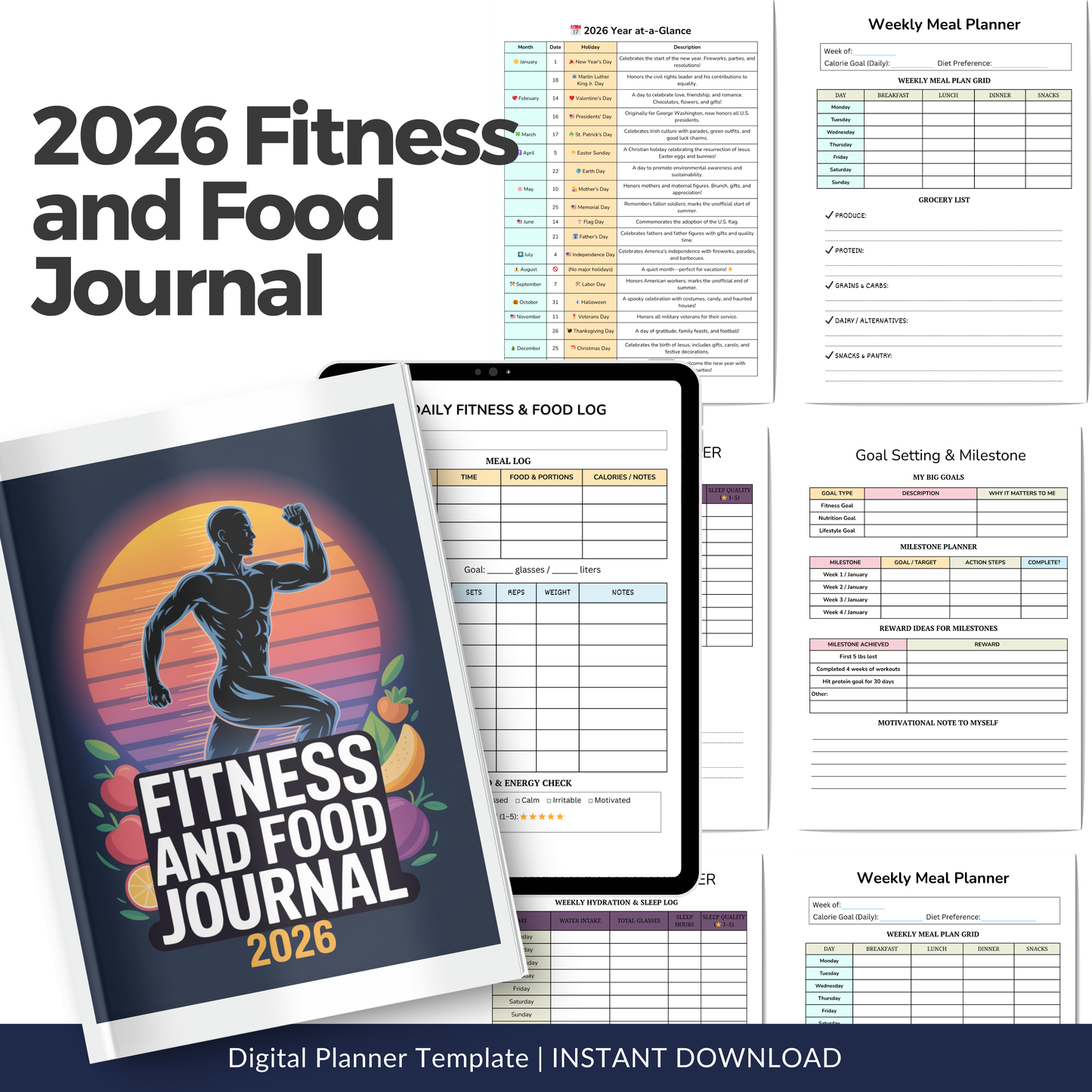 2026 Fitness & Food Journal – Printable Meal & Workout Tracker