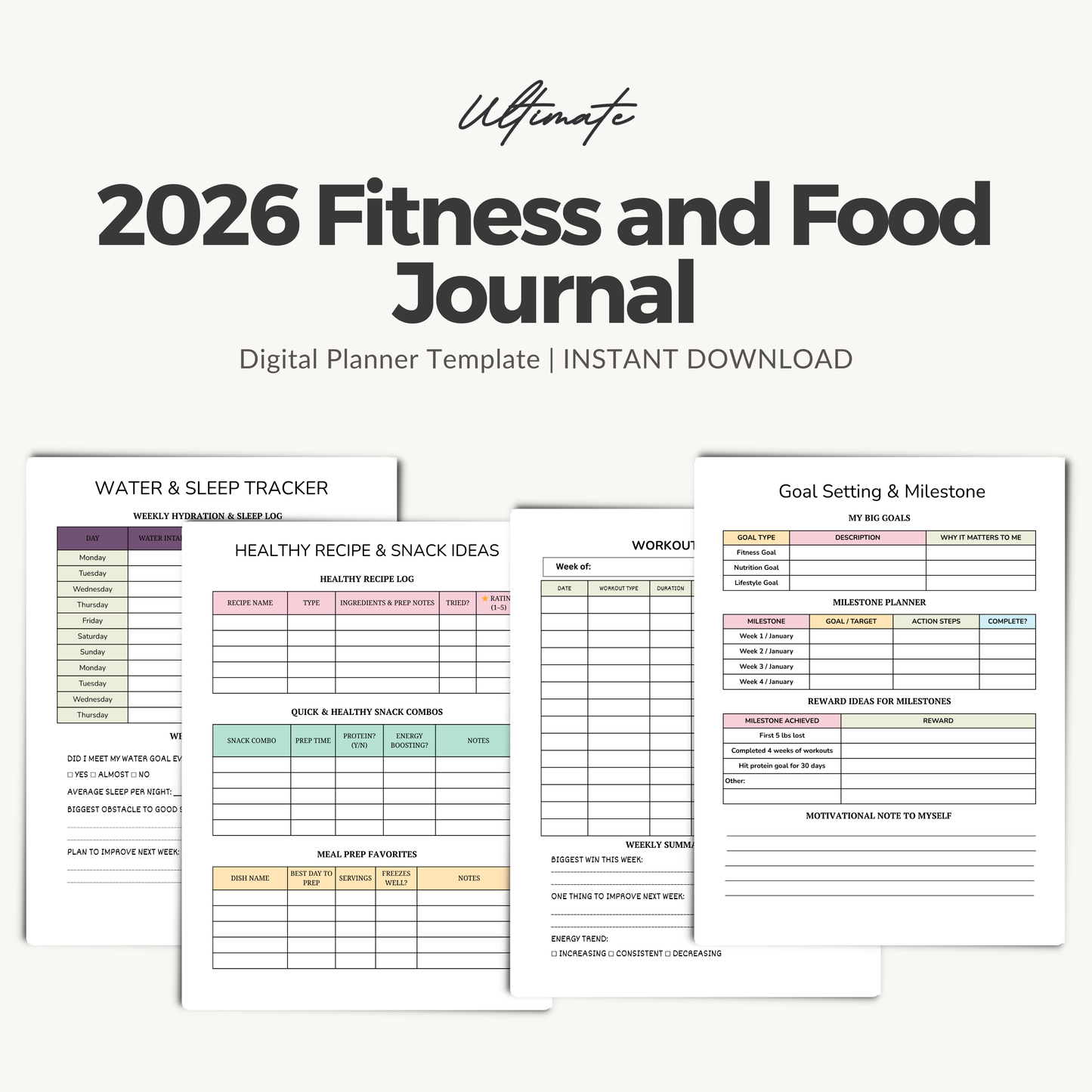 2026 Fitness & Food Journal – Printable Meal & Workout Tracker